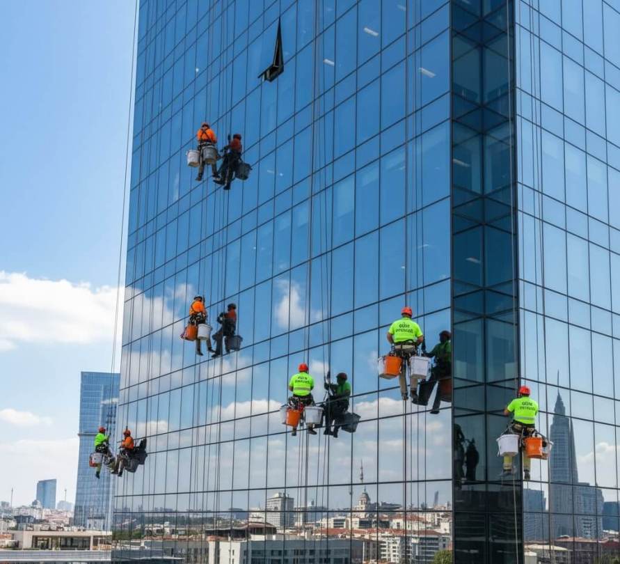İple erişim (dağcılık) yöntemi ile yüksek bina dış cephe cam temizlik hizmetleri: Gün Temizlik