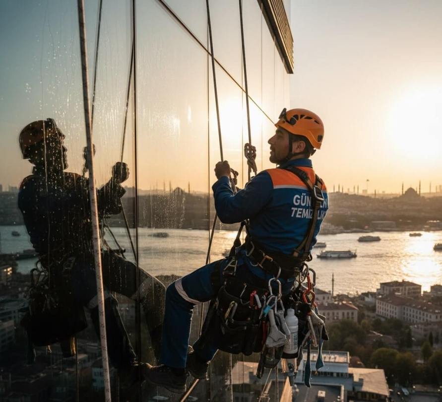 İple erişim yöntemi ile yüksek binalarda dış cephe ve cam temizlik hizmeti: Gün Temizlik