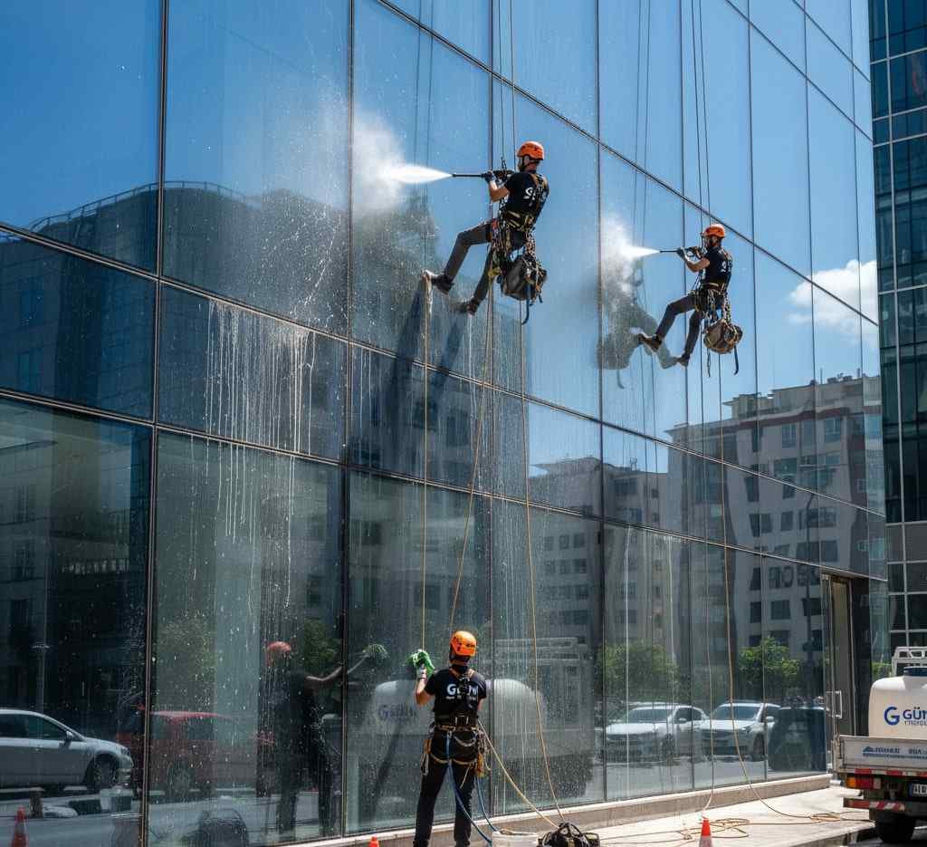 İple erişim sistemi ile inşaat sonrası cephe temizliği çalışmaları