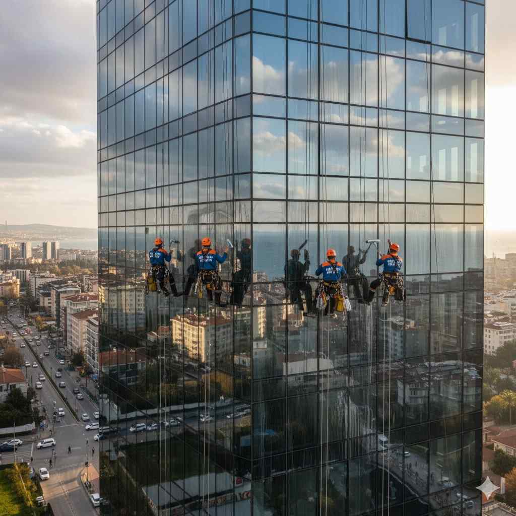 İple erişim yöntemi ile cephe cam temizliği hizmetleri