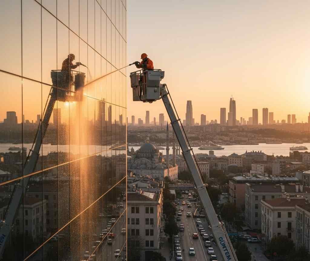 Sepetli vinç erişimi ile dış cephe temizlik uygulamaları