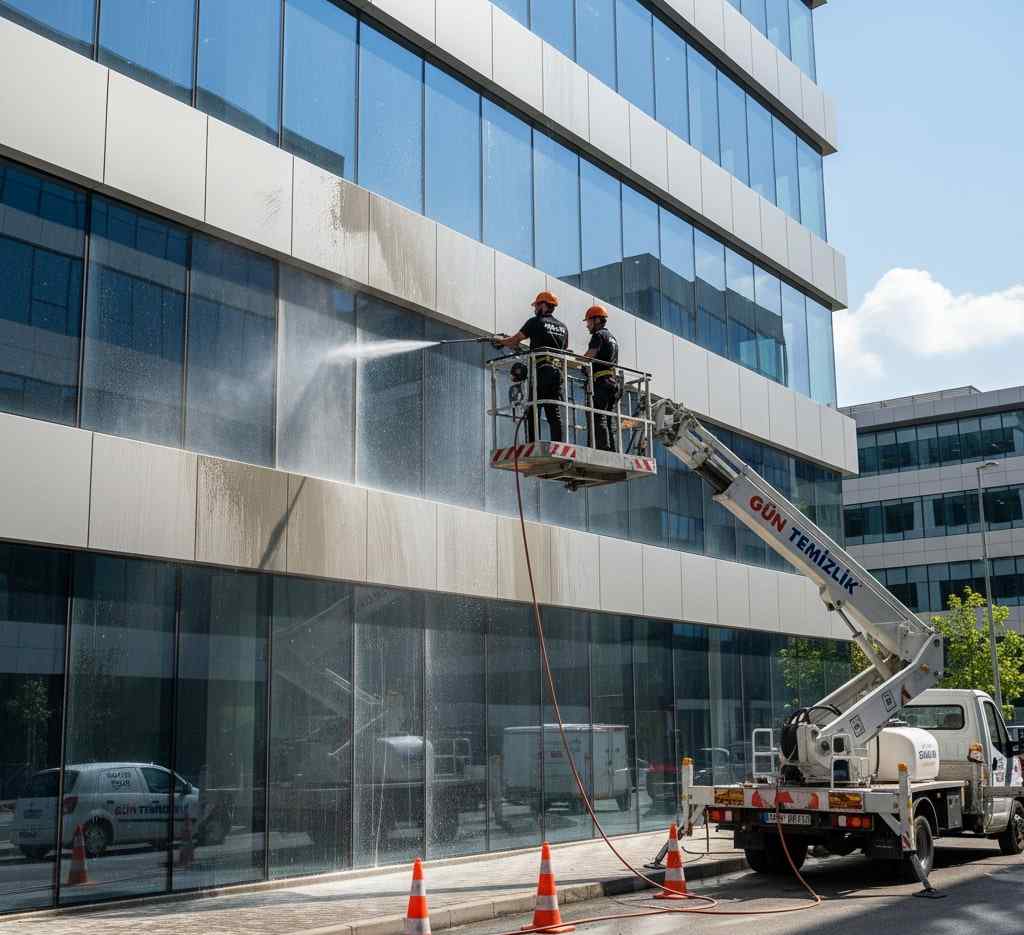 Sepetli vinç ile inşaat sonrası dış cephe temizliği çalışmaları: Gün Temizlik