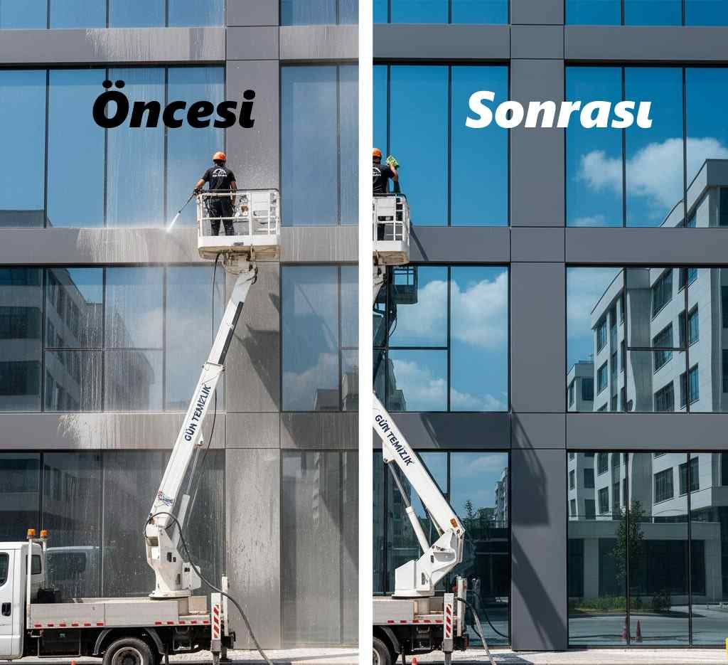 Temizlik öncesi ve sonrası bina dış cephe görüntüleri