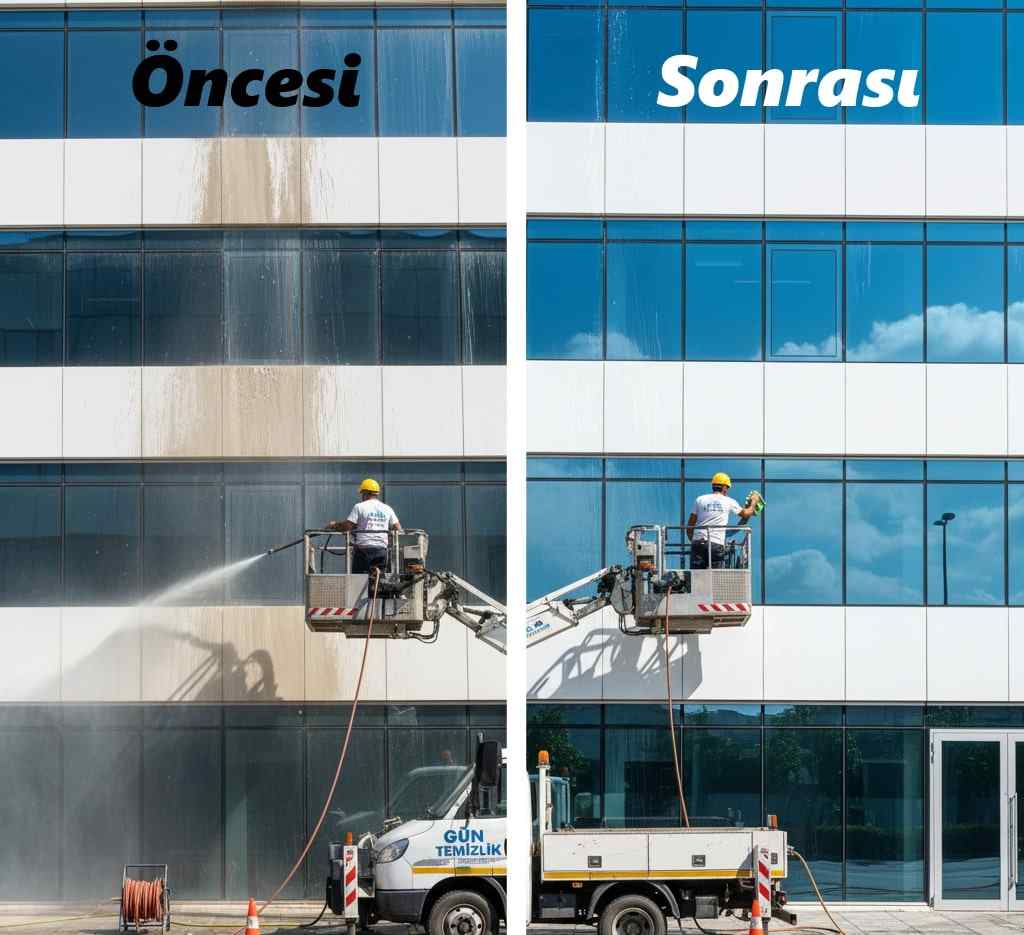 Vinçli platform ile işyeri dış cephe cam temizliği hizmetleri