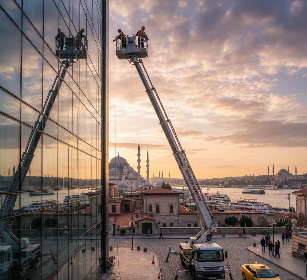 Vinçle dış cephe temizliği çalışmaları