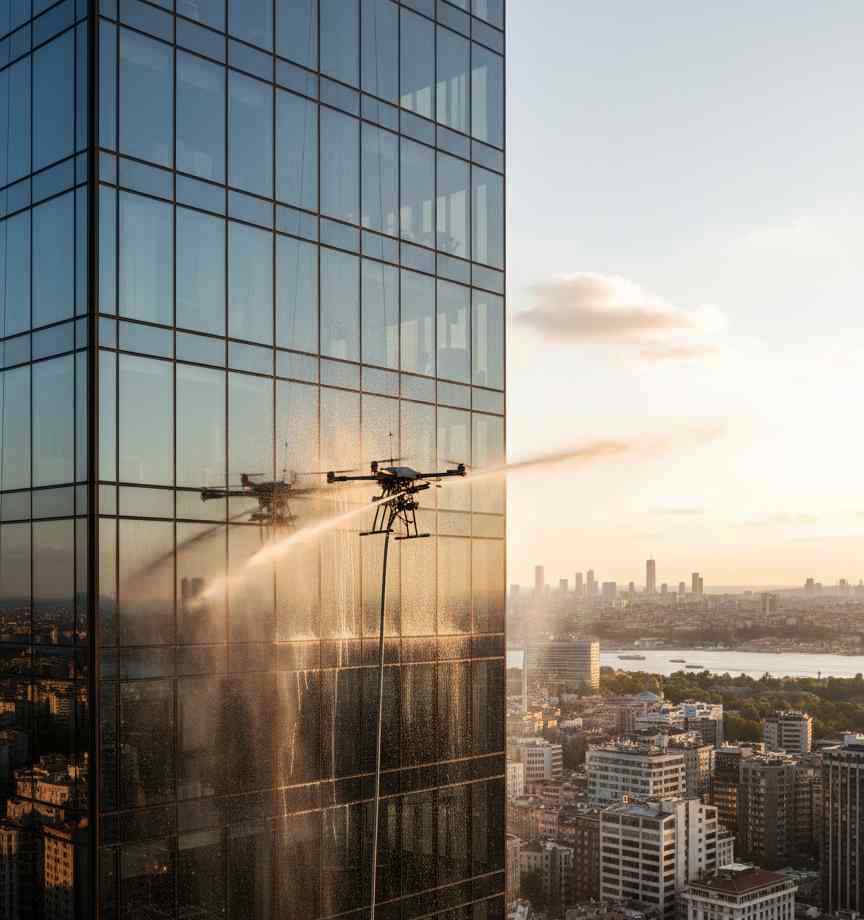 Drone ile dış cephe temizlik çalışması