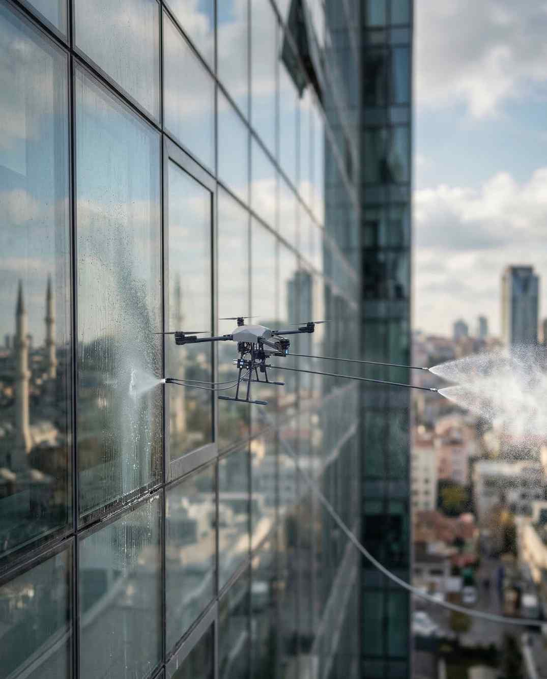 Saf su ve drone ile dış cephe cam temizliği