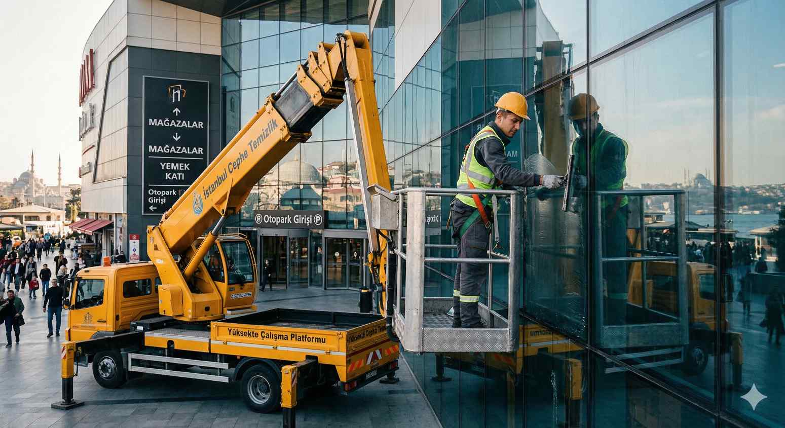 Sepetli vinçle kurumsal dış cephe temizliği hizmetleri