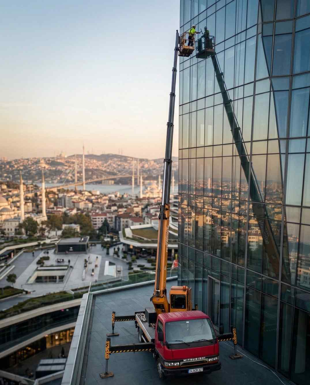 Yüksek katlı bir binada dış cephe cam temizliği çalışmaları