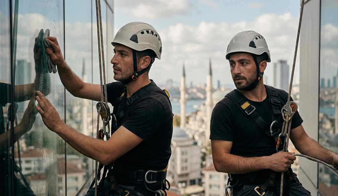 Bir eğitim kurumunda yapılan dış cephe temizlik çalışması