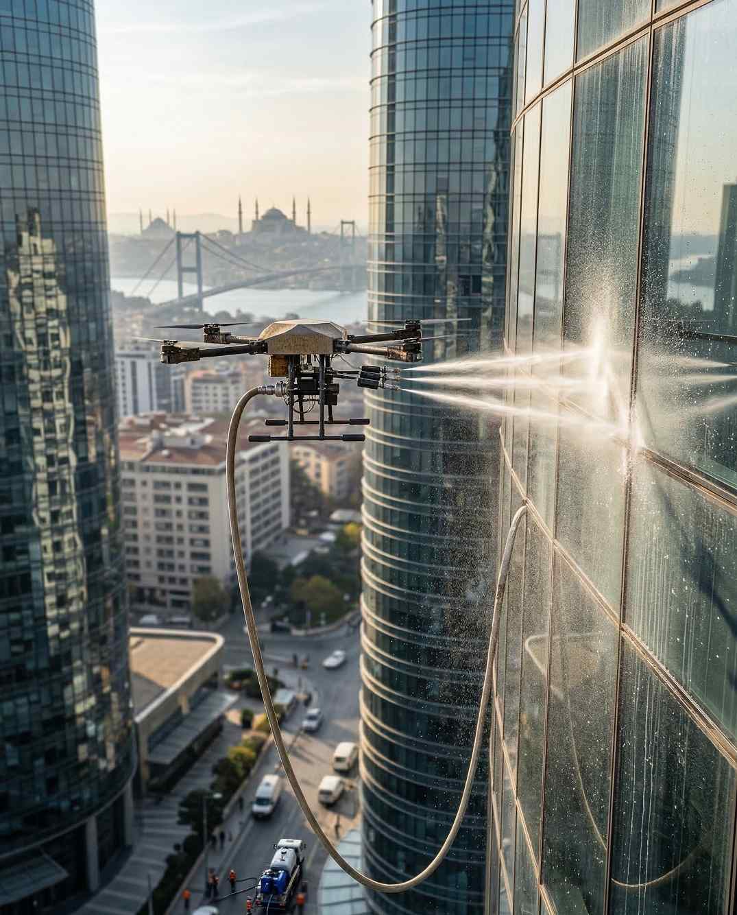 Drone ile alüminyum kompozit cephe temizliği