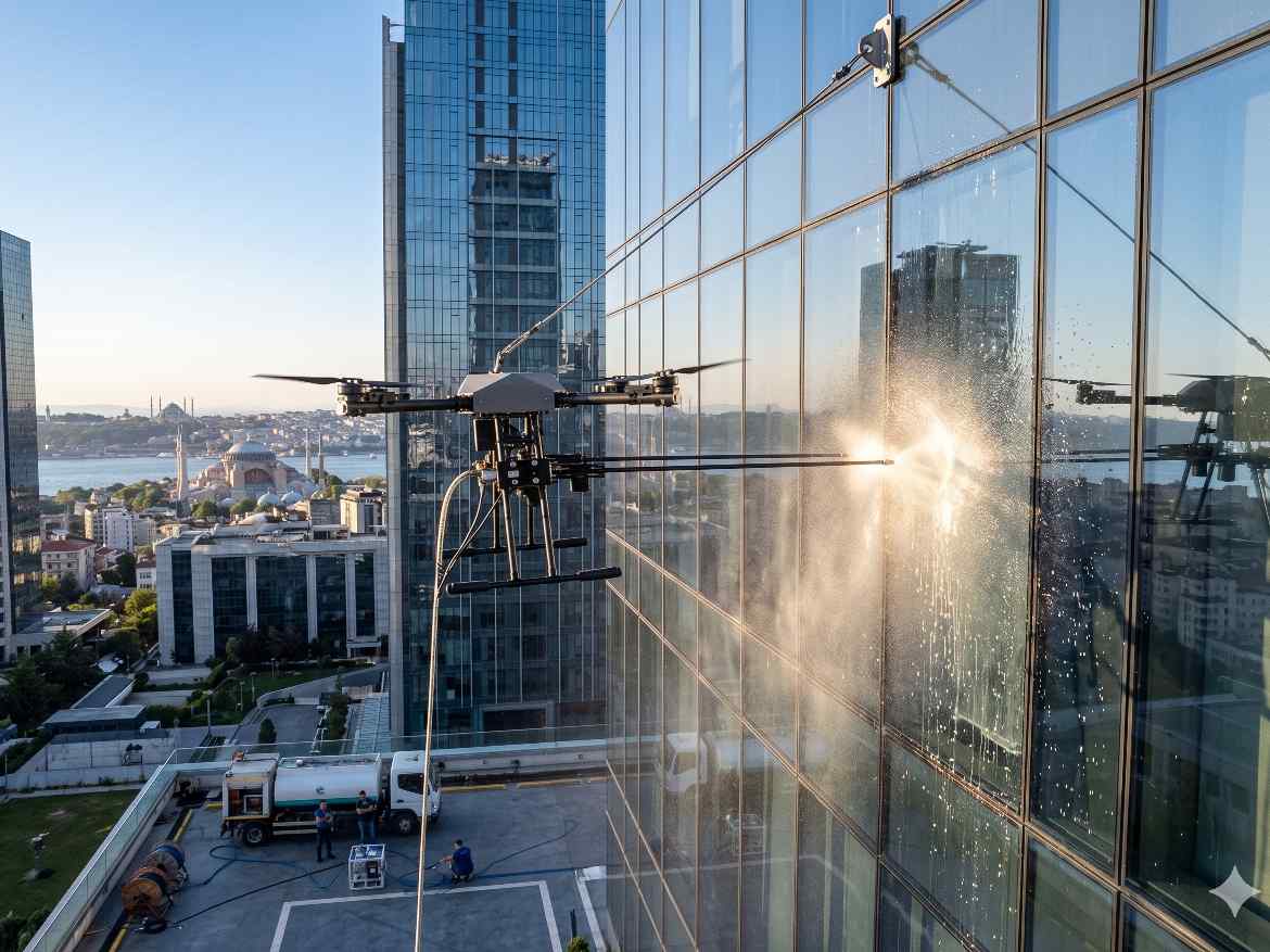Drone ile bina dış cephe yıkama çalışması