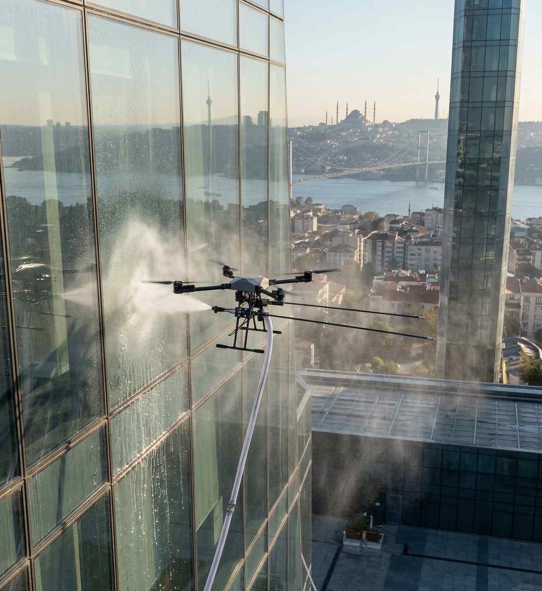 Drone ile bir eğitim kurumunun dış cephe temizlik çalışması