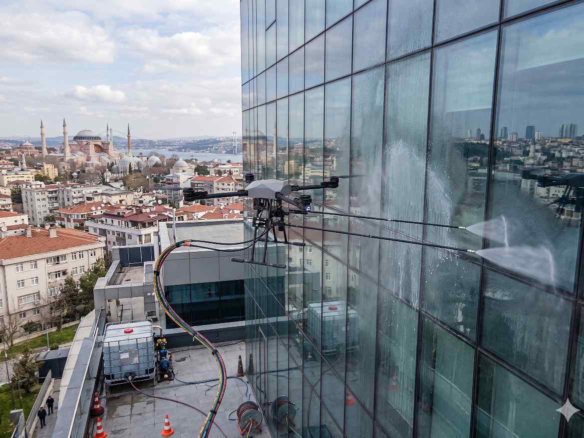 Drone ile dış cephe yıkama uygulaması