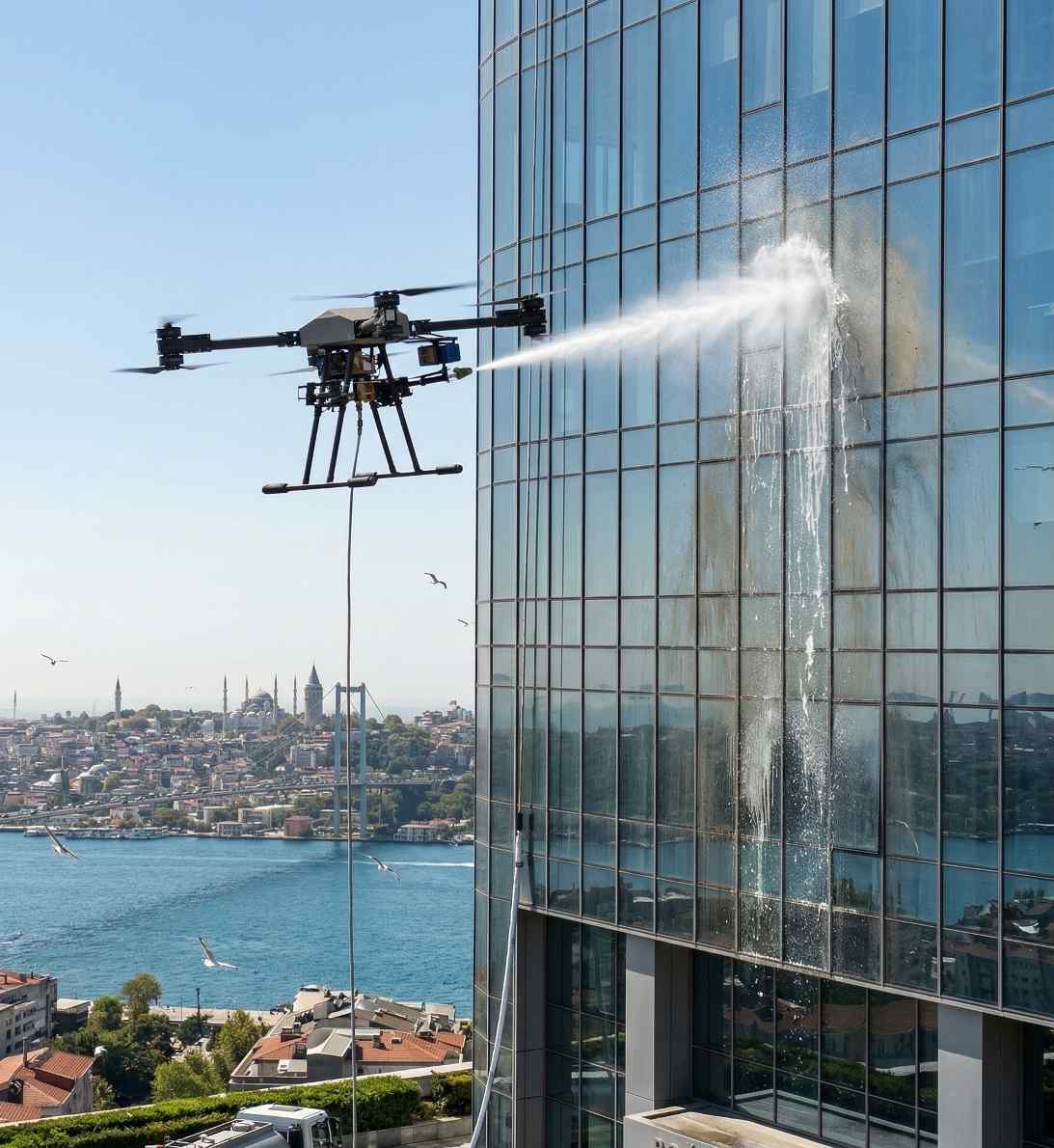 Drone ile hastane dış cephe temizliği