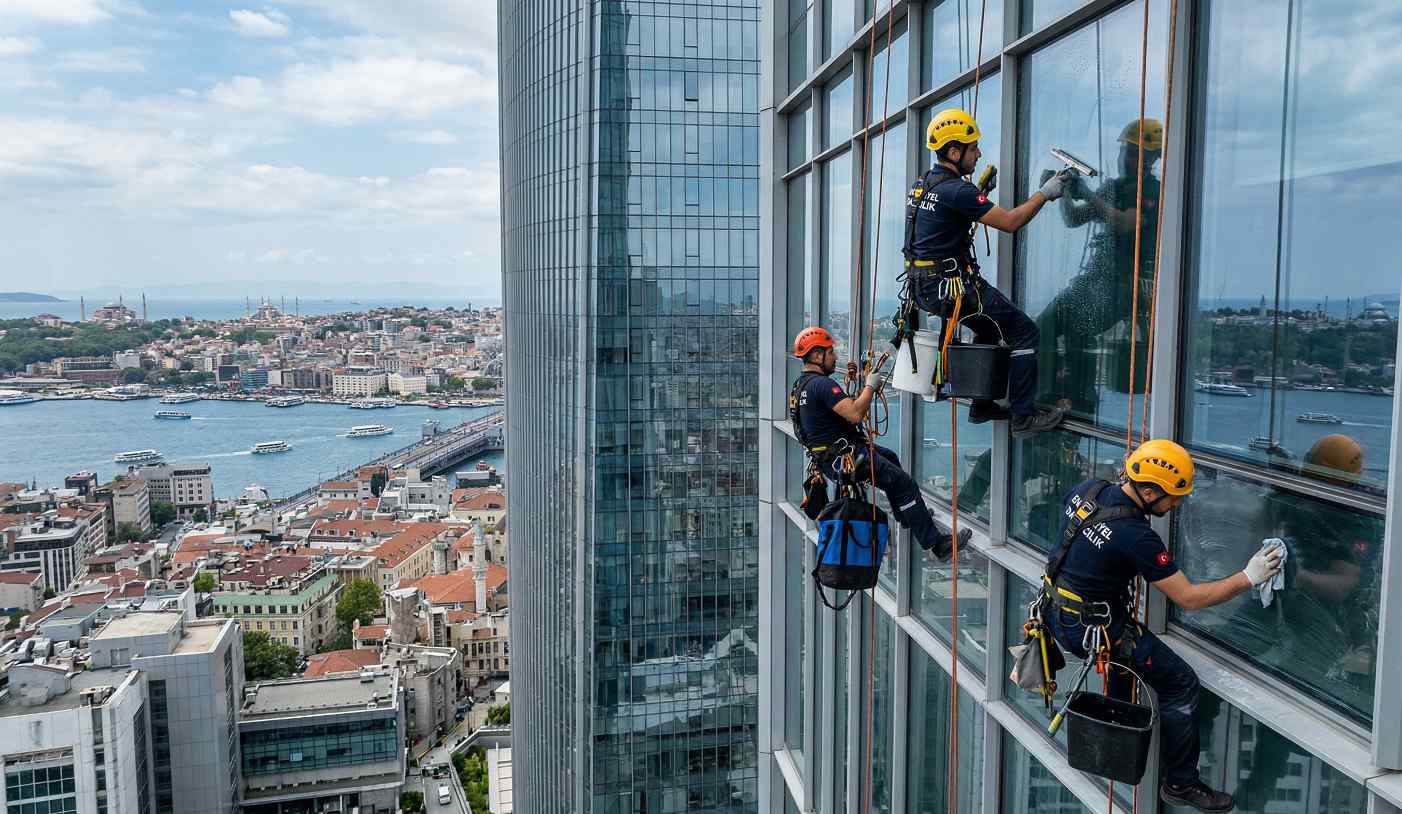 İple erişimle AVM dış cephe temizliği