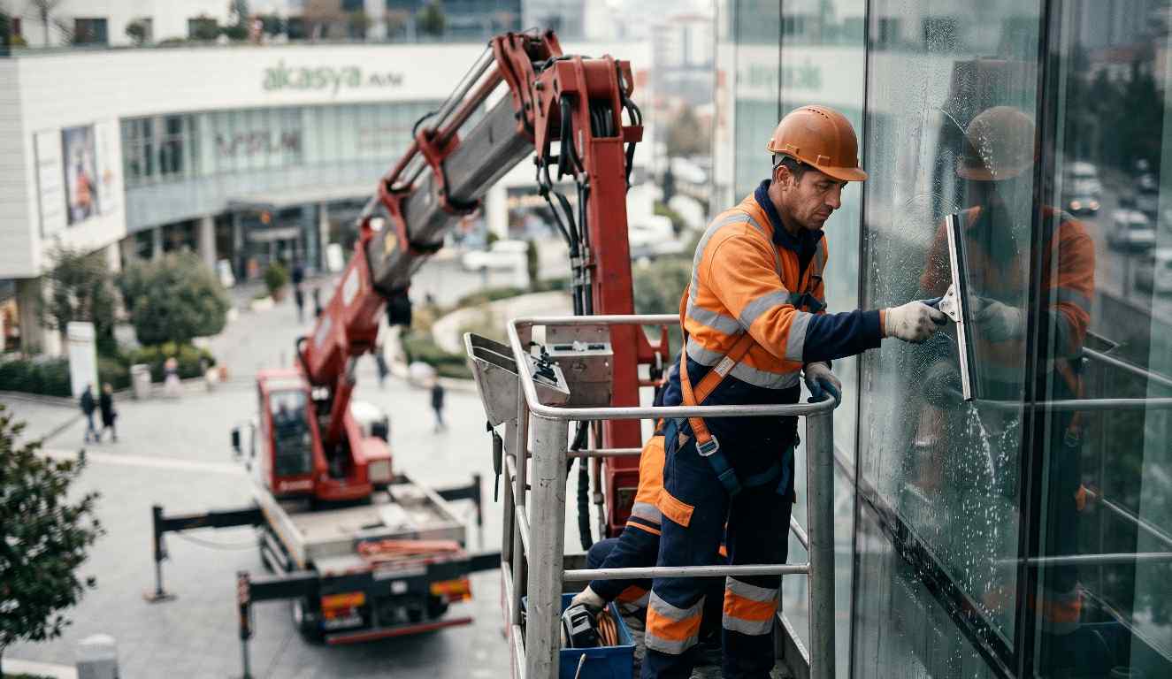 Sepetli vinç erişimiyle bina dış cephe temizlik çalışması