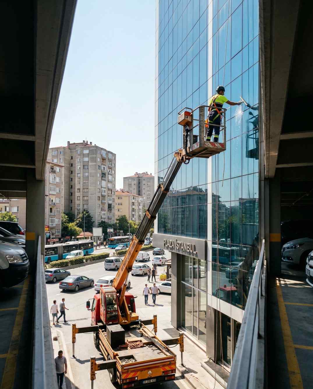 Sepetli vinçle alışveriş merkezi dış cephe temizliği