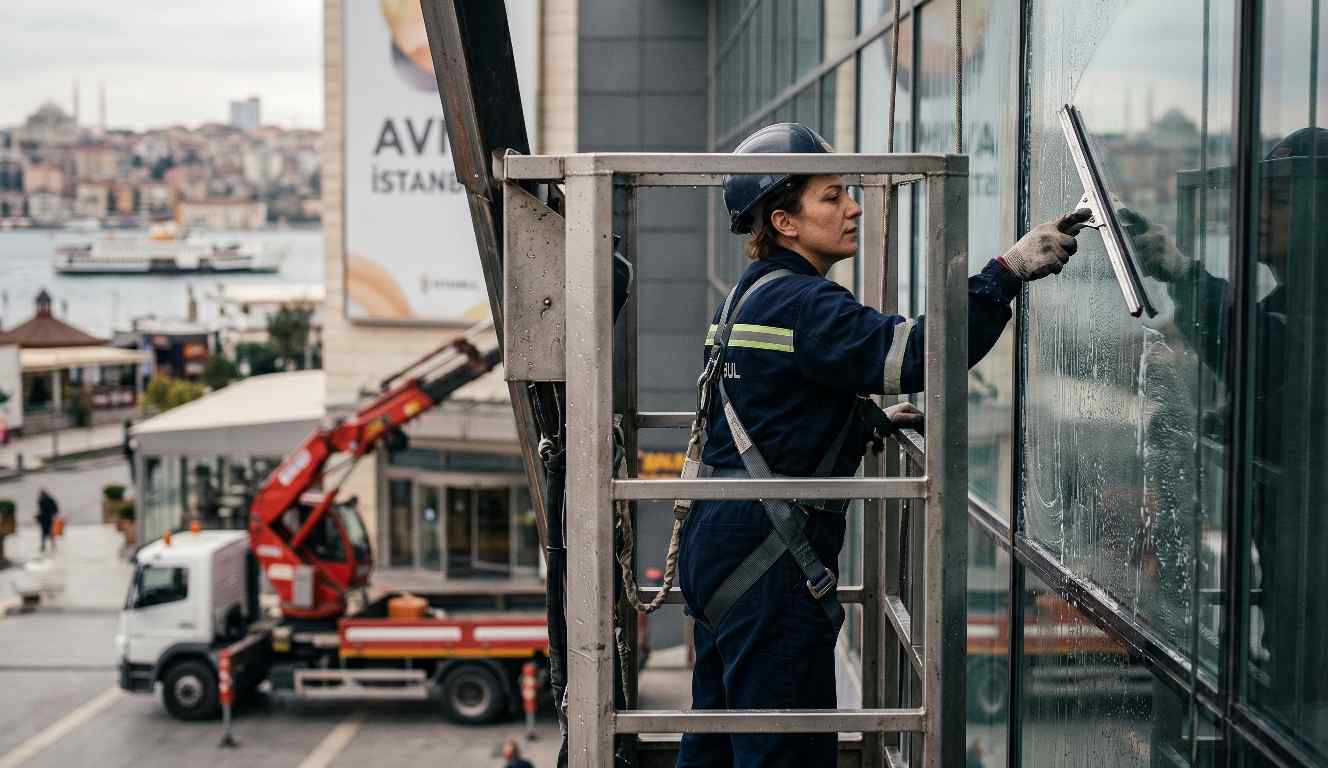 Vinçle hastane dış cephe temizlik çalışması