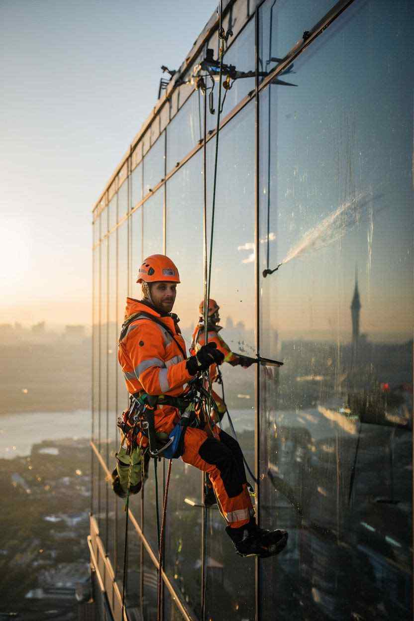 Yüksek binada cam temizleme çalışması