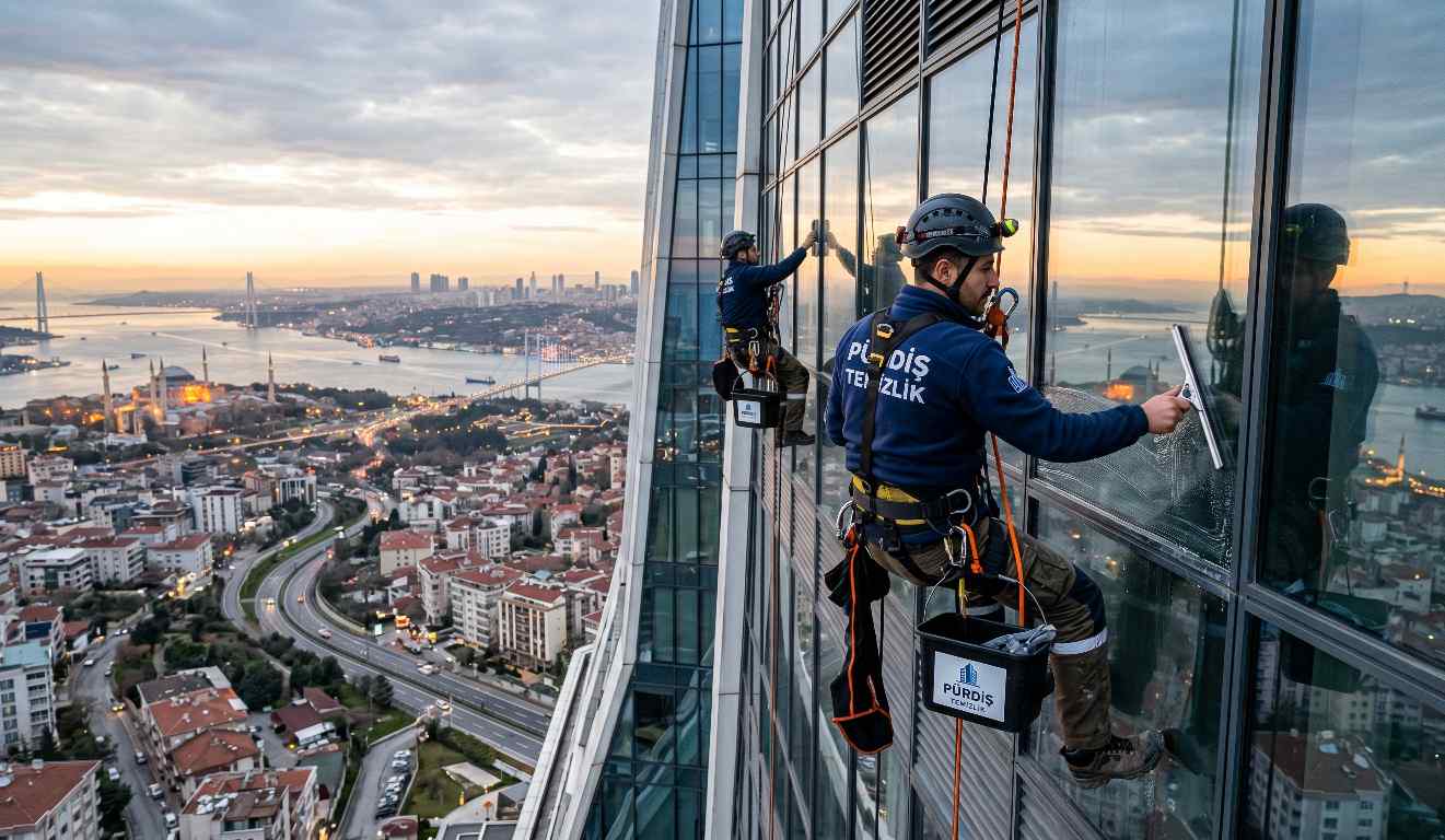 Yüksek binanın dış cephe temizliği çalışmaları