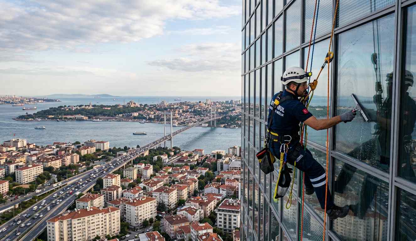 Kurumsal bir binada dış cephe temizlik çalışmaları