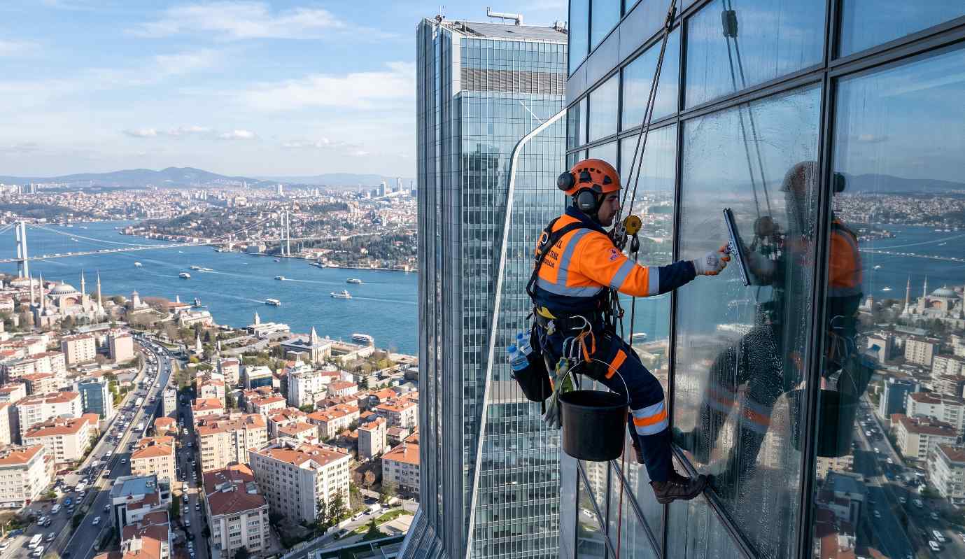 Profesyonel dağcı ekiple yapılan bir dış cephe temizliği