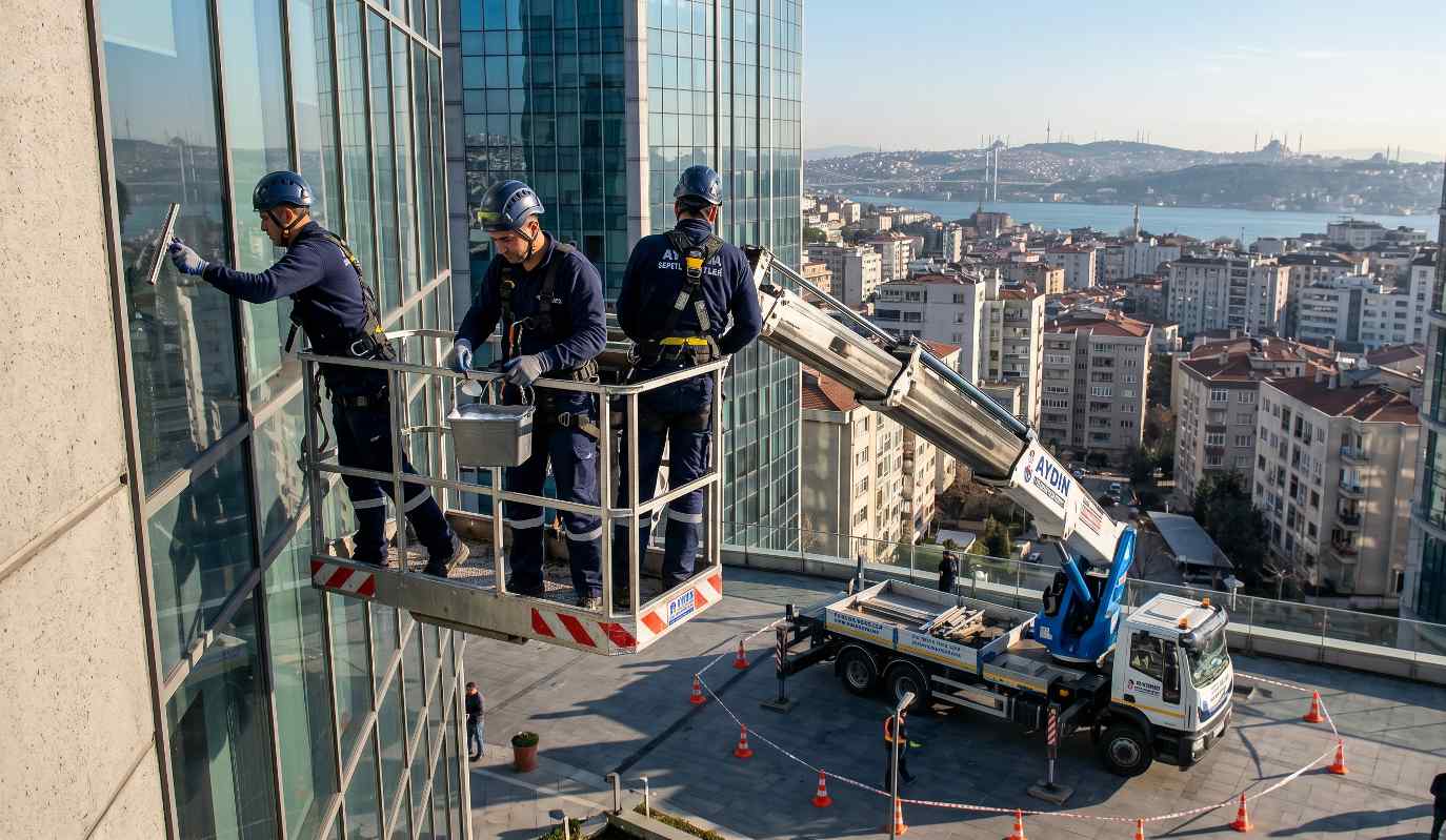 Vinçle yapılan bir dış cephe temizliği çalışması