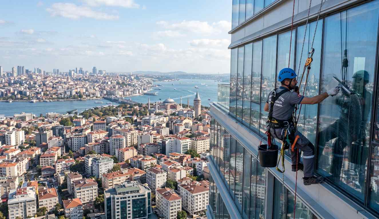 Yüksek bir binada yapılan cephe temizliği çalışması