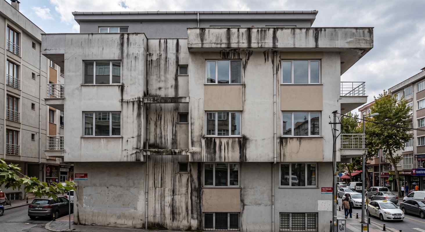 Bir binanın dış cephesinde oluşmuş siyah akma izleri