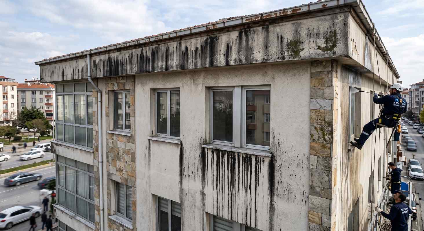 İple erişimle dış cephedeki siyah akma izlerinin temizliği