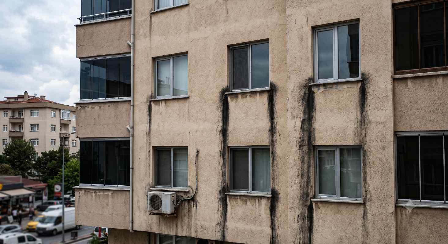 Siyah akma izleri oluşmuş bir binanın dış cephe görünümü